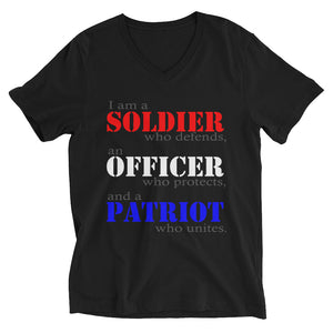 "Soldier, Officer, Patriot." Unisex Short Sleeve V-Neck T-Shirt