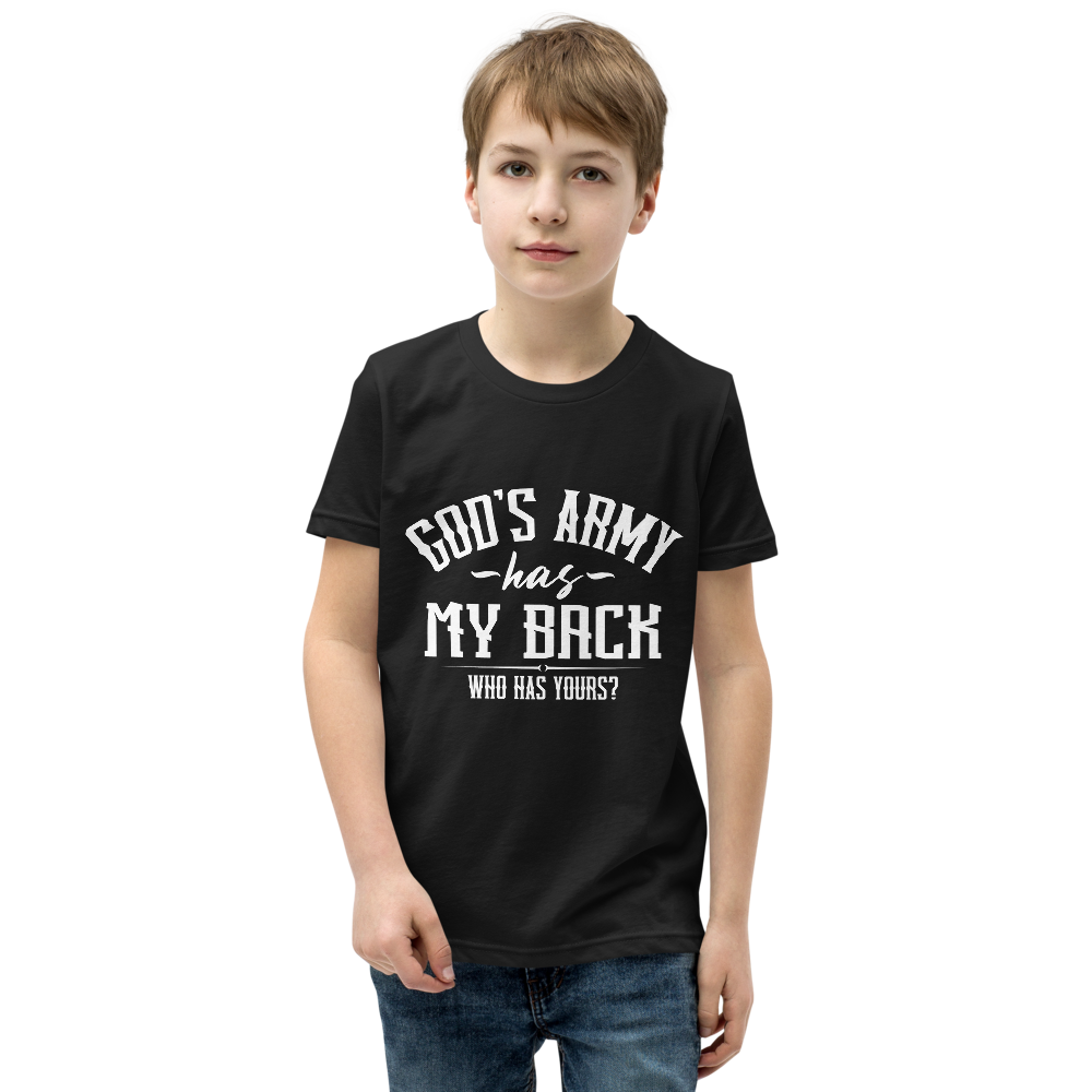 "God's army has my back. Who's got yours?" Psalm 35 Angel of War Youth Tee