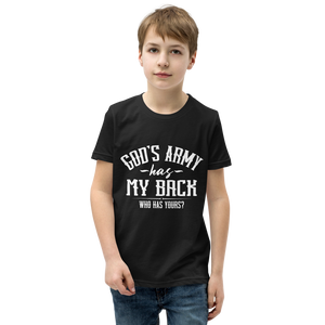 "God's army has my back. Who's got yours?" Psalm 35 Angel of War Youth Tee