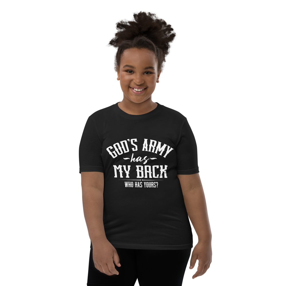 "God's army has my back. Who's got yours?" Psalm 35 Angel of War Youth Tee