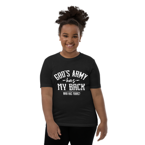 "God's army has my back. Who's got yours?" Psalm 35 Angel of War Youth Tee