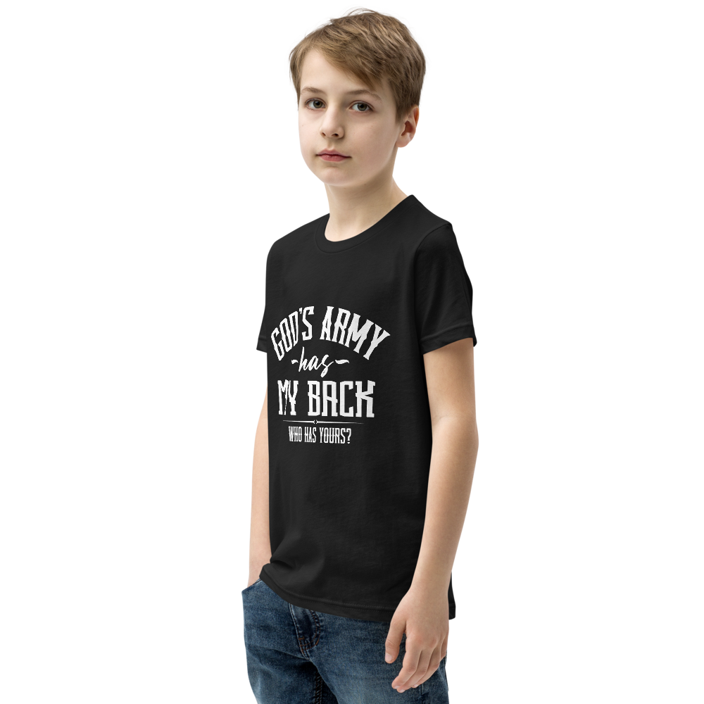 "God's army has my back. Who's got yours?" Psalm 35 Angel of War Youth Tee