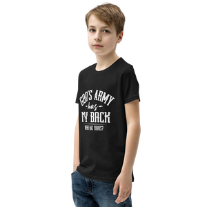 "God's army has my back. Who's got yours?" Psalm 35 Angel of War Youth Tee